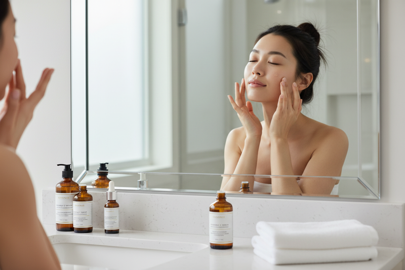 Woman applying vitamin C serum benefits for glowing, healthy skin in a modern bathroom routine